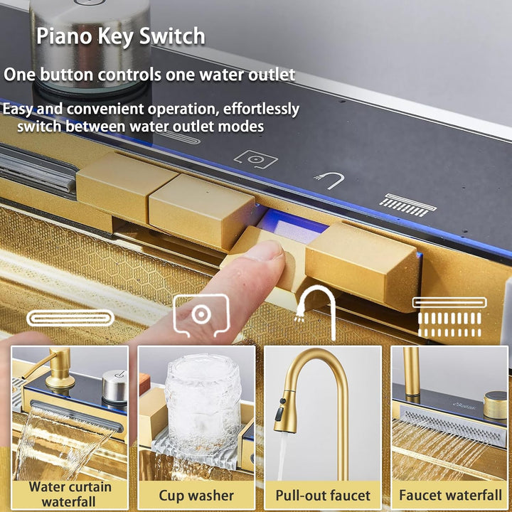 Multifunktionale Digitale Küchenspüle, Wasserfallspüle aus Edelstahl 304, mit 5 Wasserauslassmodi, W