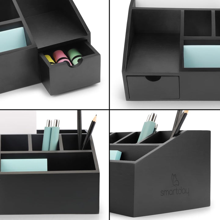Schreibtisch Organizer aus Bambus Holz mit Schublade schwarz - Ordnungssystem Büro Stiftehalter, Sti