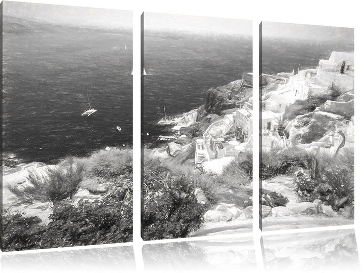 Pixxprint Griechische Küste Kohle Zeichnung Effekt 3-Teiler Leinwandbild 120x80 Bild auf Leinwand
