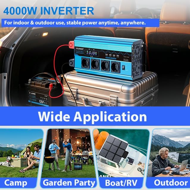 Wechselrichter 4000W Spannungswandler Reiner Sinus 12V 230V mit 4 Europäische Steckdose und 4 USB-An