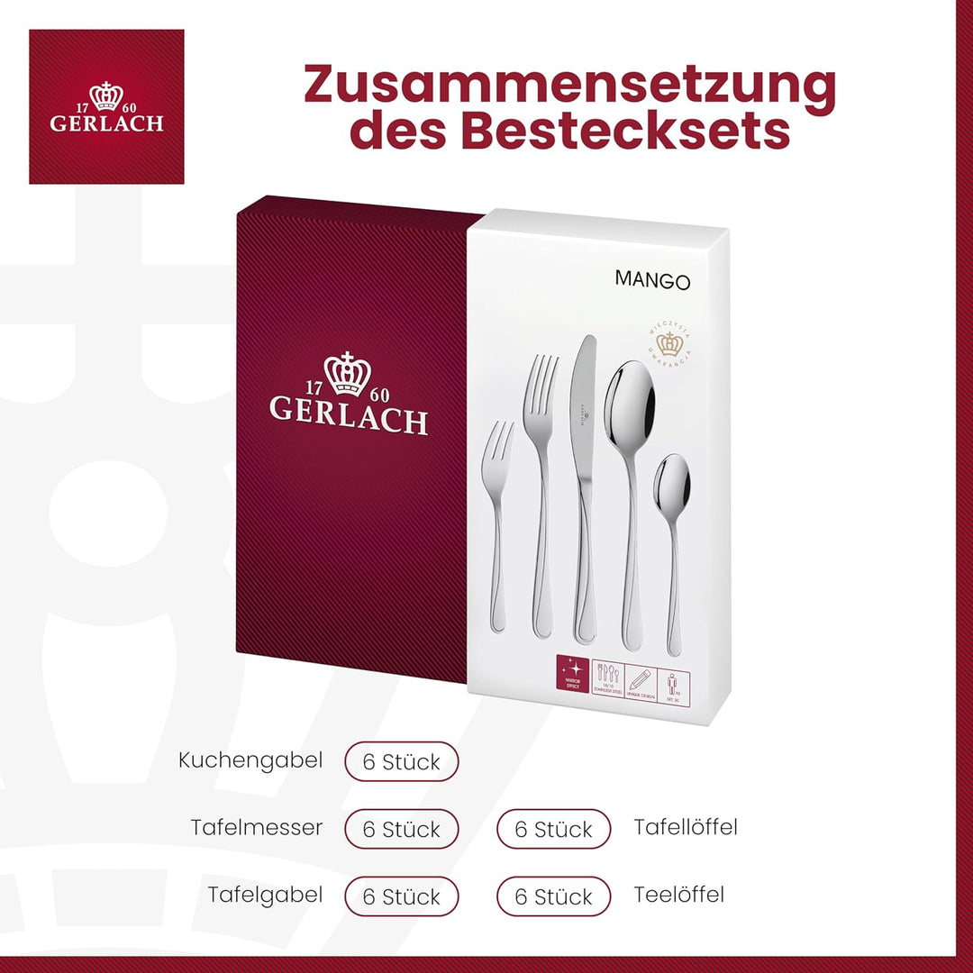 Gerlach 1760 Besteck Set Edelstahl 6 Personen 30 Teilig Besteckset Spülmaschinengeeignet Rostfrei Me