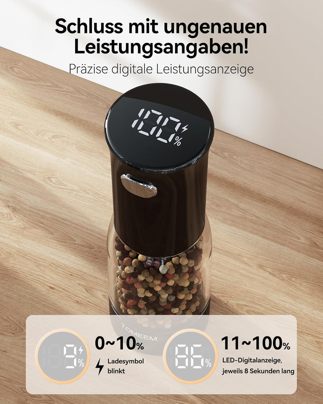 TOMEEM Elektrisches Salz- und Pfeffermühlen-Set – wiederaufladbar mit LED-Betriebsanzeige, 5-stufig