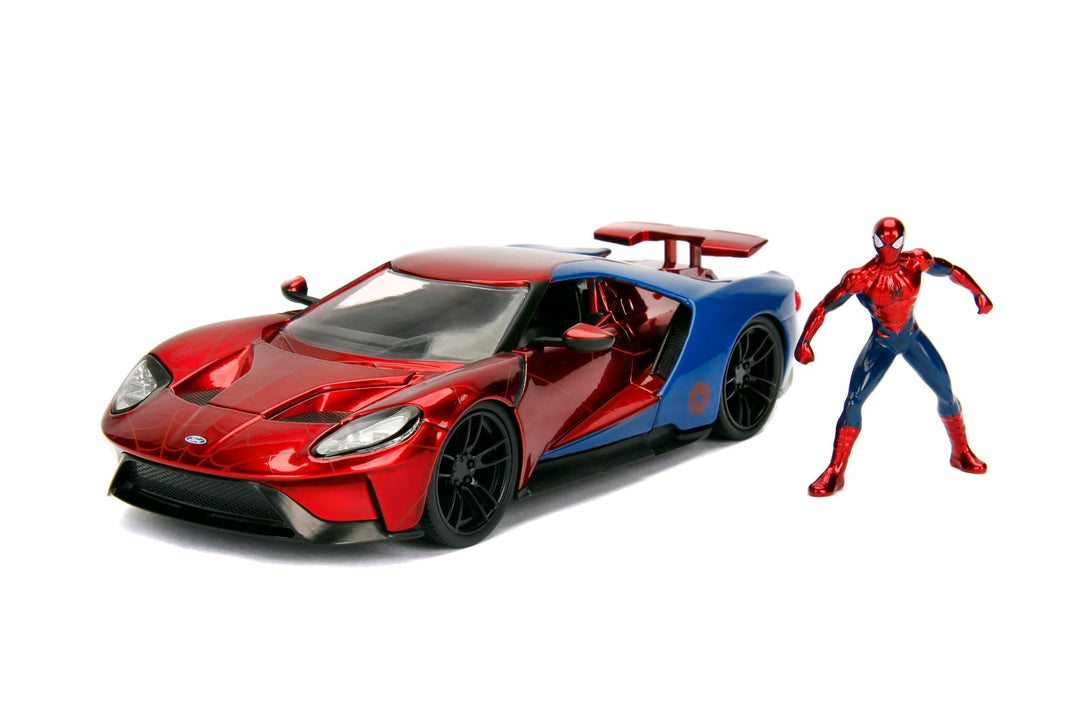 Jada Toys 253225002 Marvel Spiderman 2017 Ford GT, 1:24 Modellauto Figur, aus Zinkdruckguss, öffnend