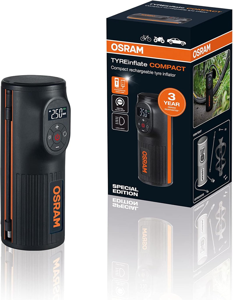 OSRAM TYREinflate COMPACT, Akku Luftpumpe, tragbarer elektrischer Mini Luftkompressor mit LED Licht,