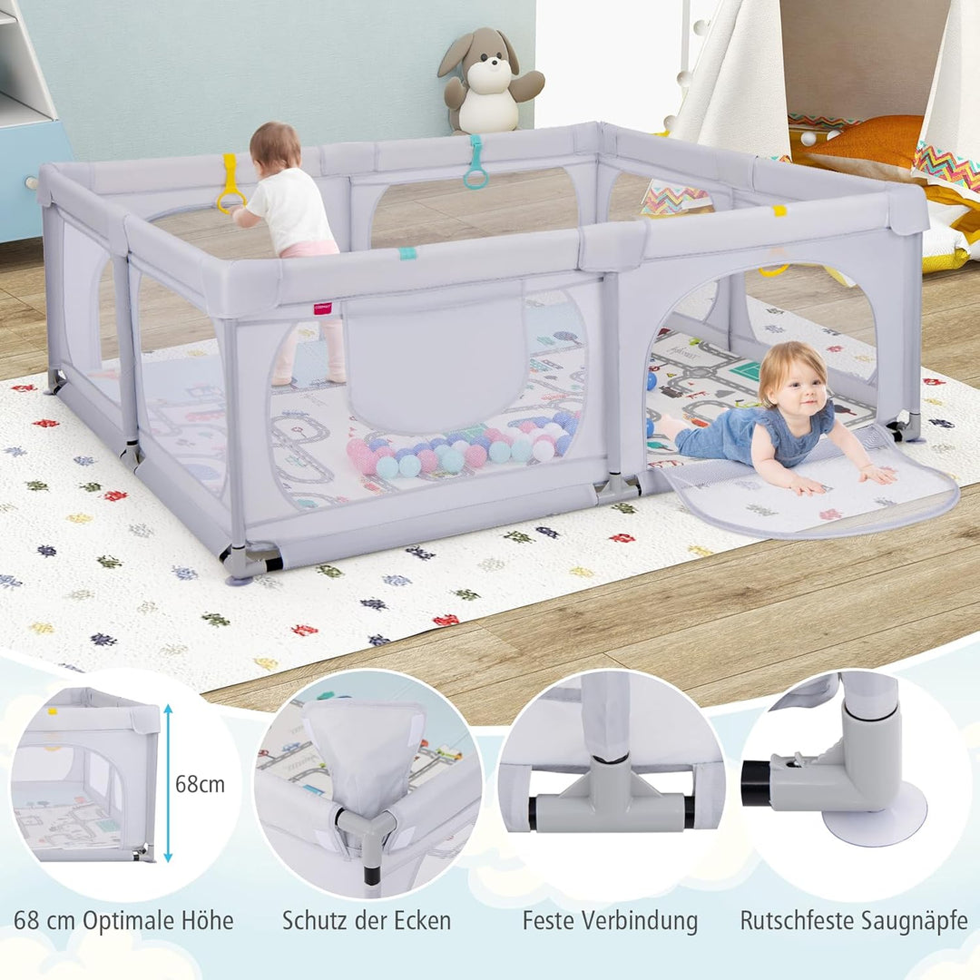 DREAMADE Laufstall Baby, 189 x 158 cm Laufgitter mit Matratze & 4 Zugringen & 50 Ocean Bällen & Trag