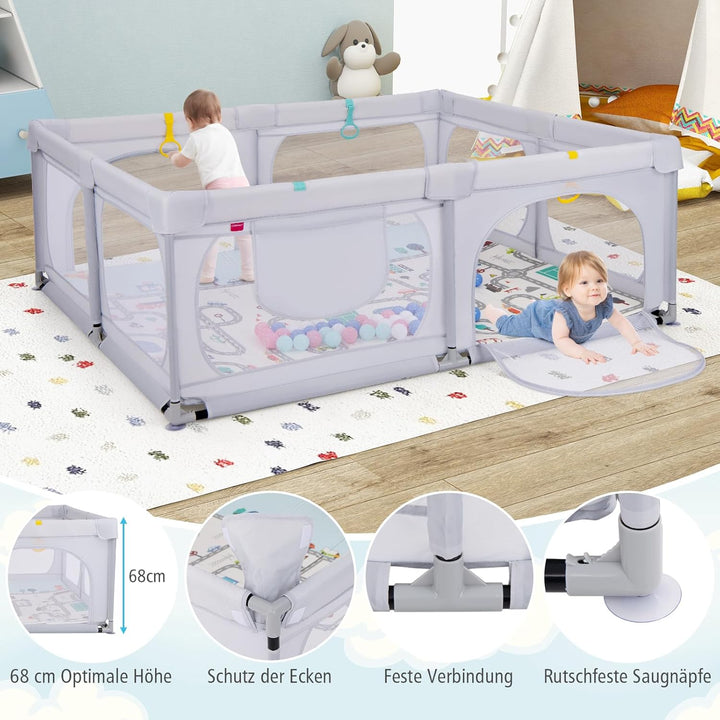 DREAMADE Laufstall Baby, 189 x 158 cm Laufgitter mit Matratze & 4 Zugringen & 50 Ocean Bällen & Trag