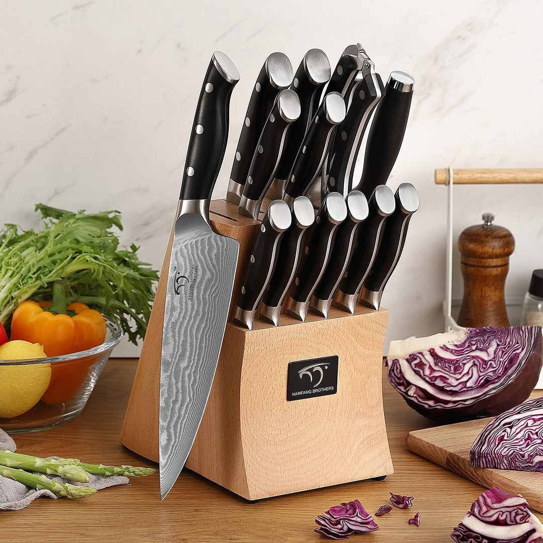 NANFANG BROTHERS Damastmesser Set mit Buchenholzmesserblock, Messerblock mit Messer Scharfem Profi K