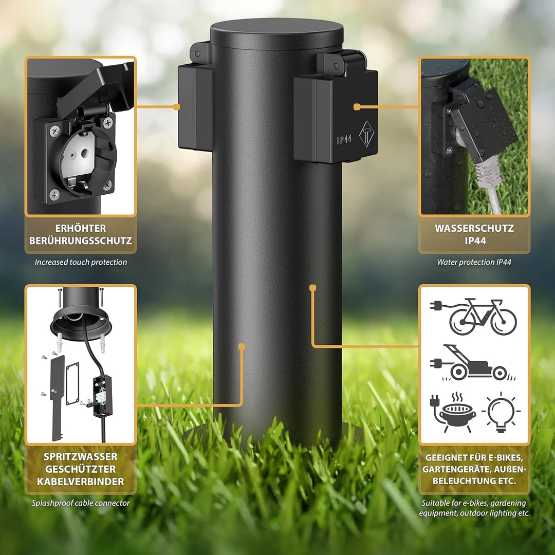 ledscom.de Garten-Steckdosen-Säule PORU mit Erdspiess und 2m Kabel für aussen, 2-Fach, Edelstahl, sc