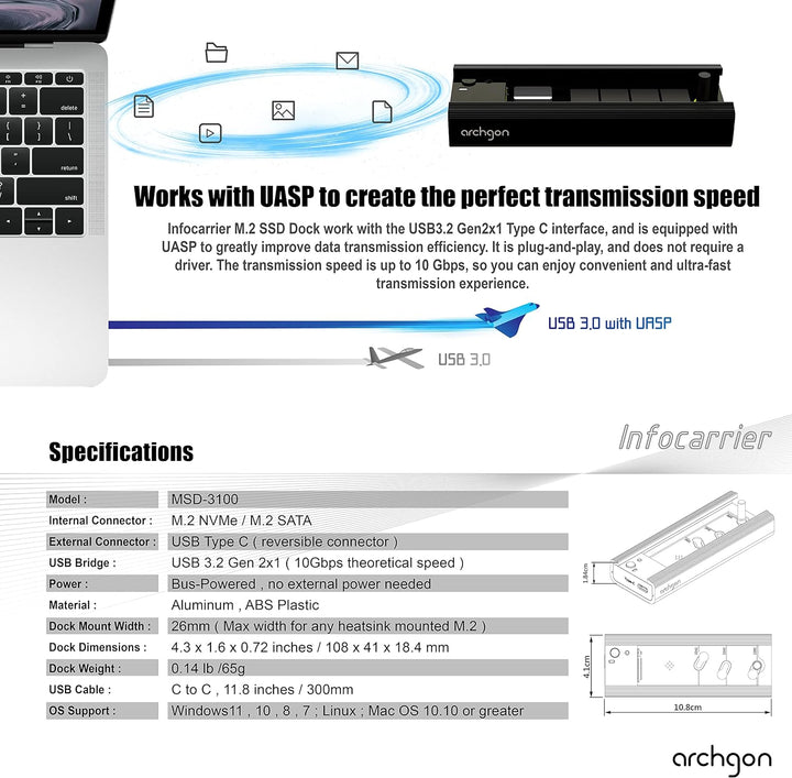 Archgon MSD-3100-2 Externes SSD Dock NVMe(PCIe)/SATA, Kompatibel mit M.2 2242/2260/2280 SSD, USB 3.2