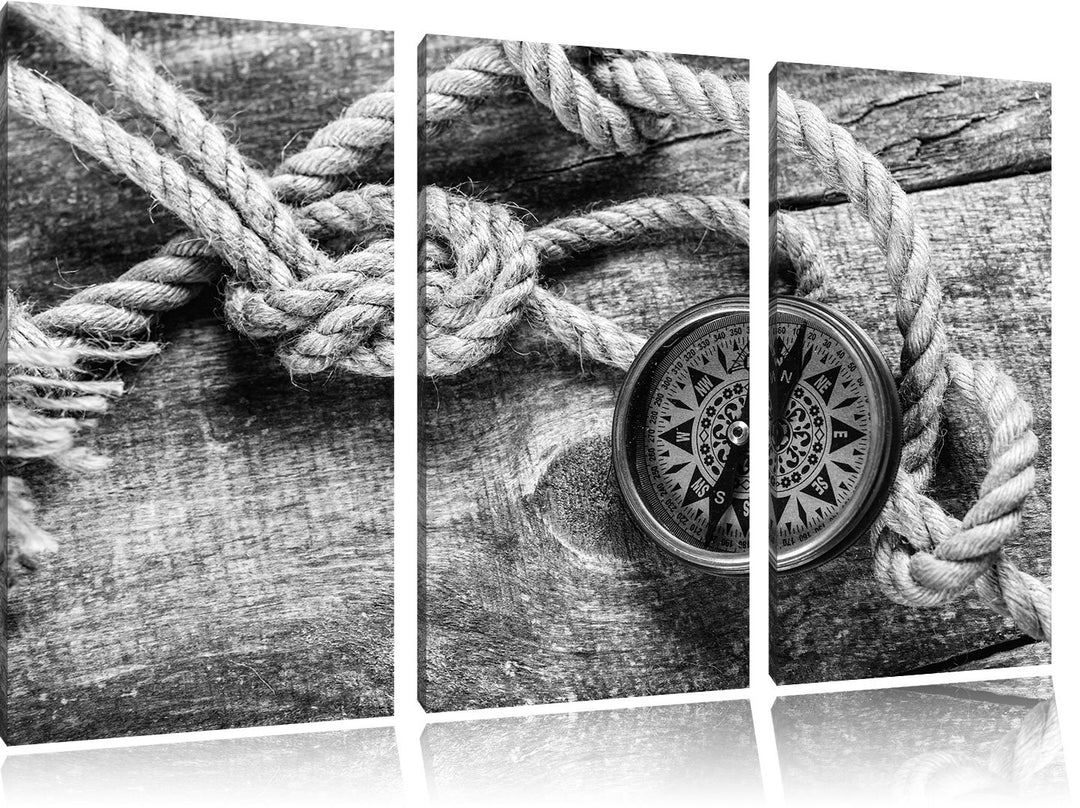 Pixxprint Schiffseil und Kompass auf Holzuntergrund Kunst B&W 3-Teiler Leinwandbild 120x80 Bild auf