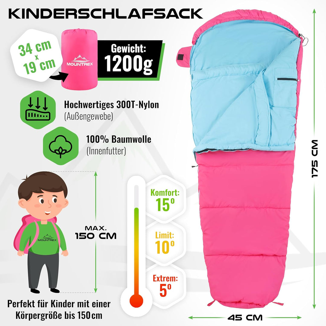 MOUNTREX® Kinderschlafsack - Tragbar wie ein Rucksack - Schlafsack für Kinder (175 x 70 x 45 cm) - O