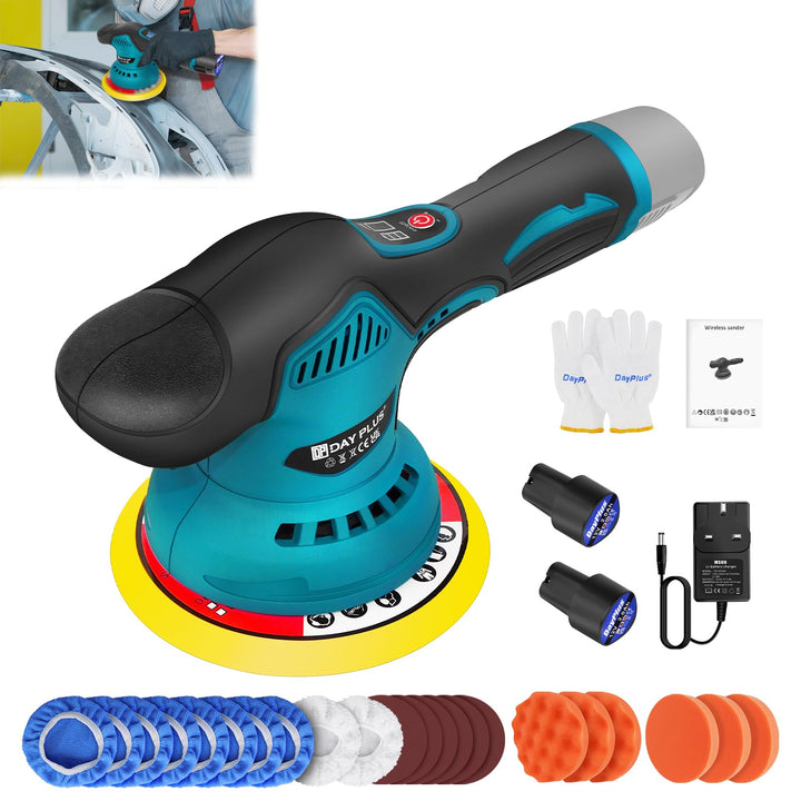 Poliermaschine Akku 12V, Exzenter Poliermaschine mit 2x Akkus, Auto Poliermaschine Set 22 pcs, Exzen