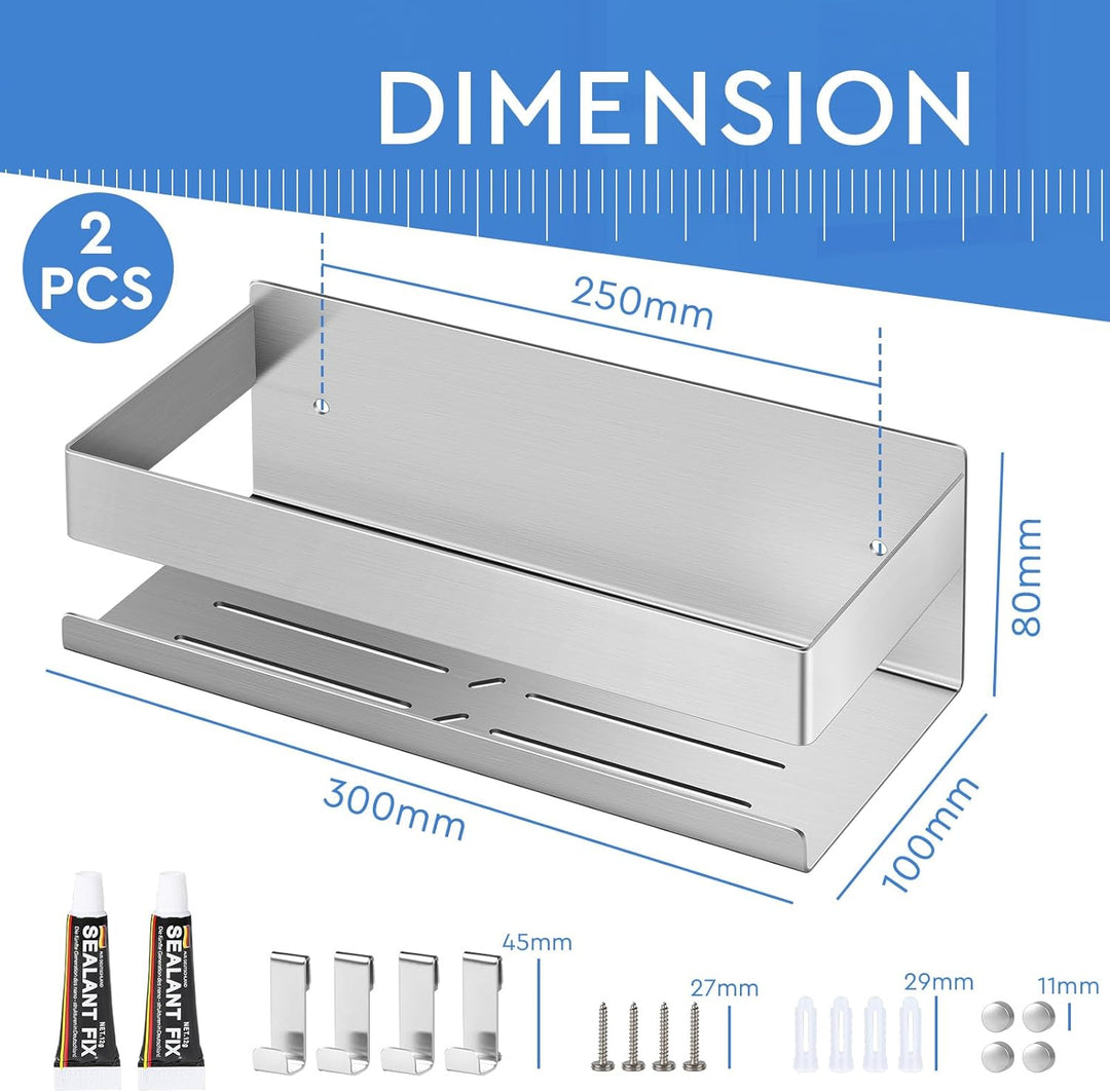 EXLECO 2X 30CM Duschablage Ohne Bohren Duschregal Wand Edelstahl Badregal mit 8 Haken Duschkorb zum