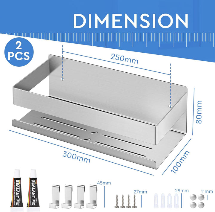 EXLECO 2X 30CM Duschablage Ohne Bohren Duschregal Wand Edelstahl Badregal mit 8 Haken Duschkorb zum