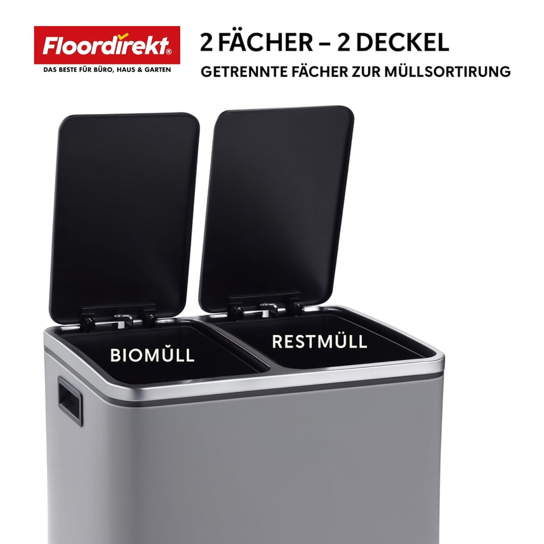 Floordirekt Mülleimer Küche 2×30L Grau | 2-Fach Mülltrennung, Treteimer Küche, Metall, Soft-Close, l