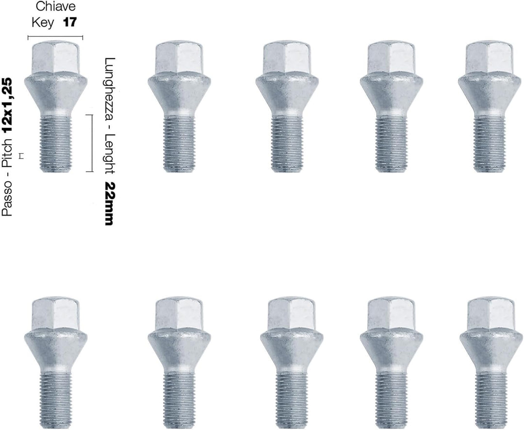 SIMONI RACING Set mit 10 Schrauben, 17 M12 x 1,25, Länge 22 mm, konischer Kopf