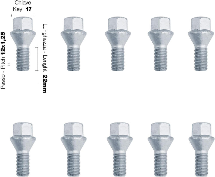 SIMONI RACING Set mit 10 Schrauben, 17 M12 x 1,25, Länge 22 mm, konischer Kopf
