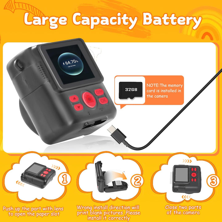 Kinderkamera Sofortbildkamera, 1080P HD Digitalkamera Kinder mit 2,4 Zoll 32G Karte und Fotopapier D