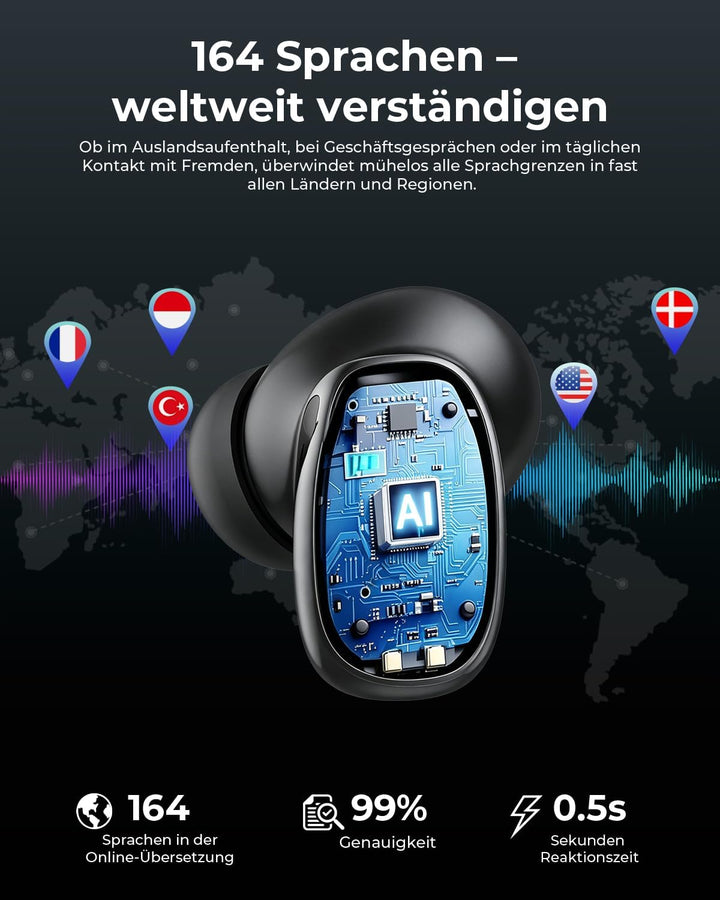 [2026 Neu] KI Übersetzungskopfhörer mit Bluetooth 6.0, 164 Sprachen Echtzeit Übersetzer Ohrhörer mit