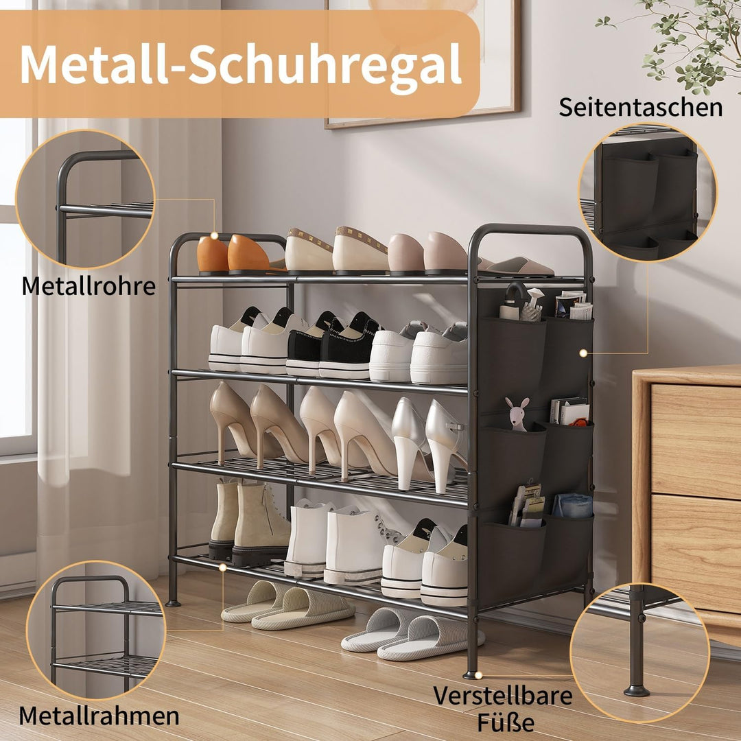 Schuhregal 4 Ebenen Schuhaufbewahrung Organizer Metall mit Seitentaschen für Flur, Schlafzimmer (Sch