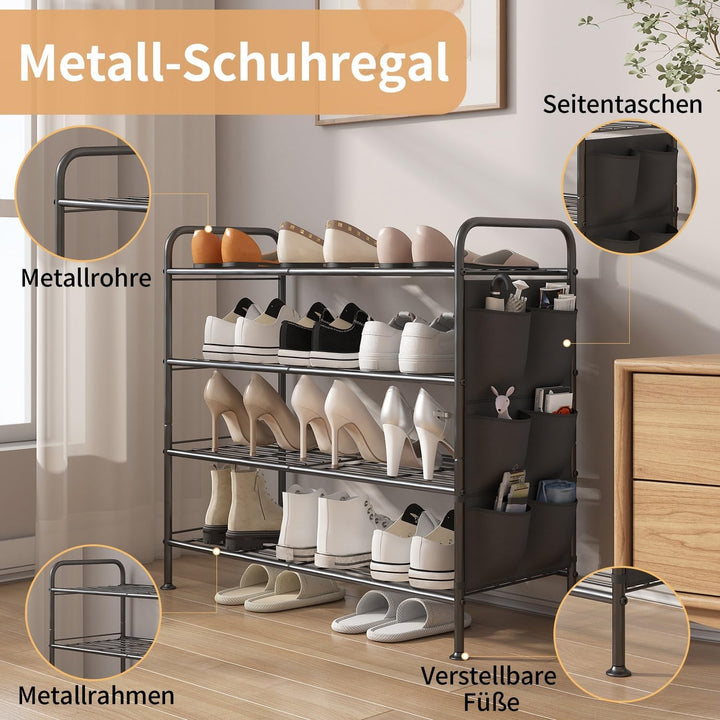 Schuhregal 4 Ebenen Schuhaufbewahrung Organizer Metall mit Seitentaschen für Flur, Schlafzimmer (Sch