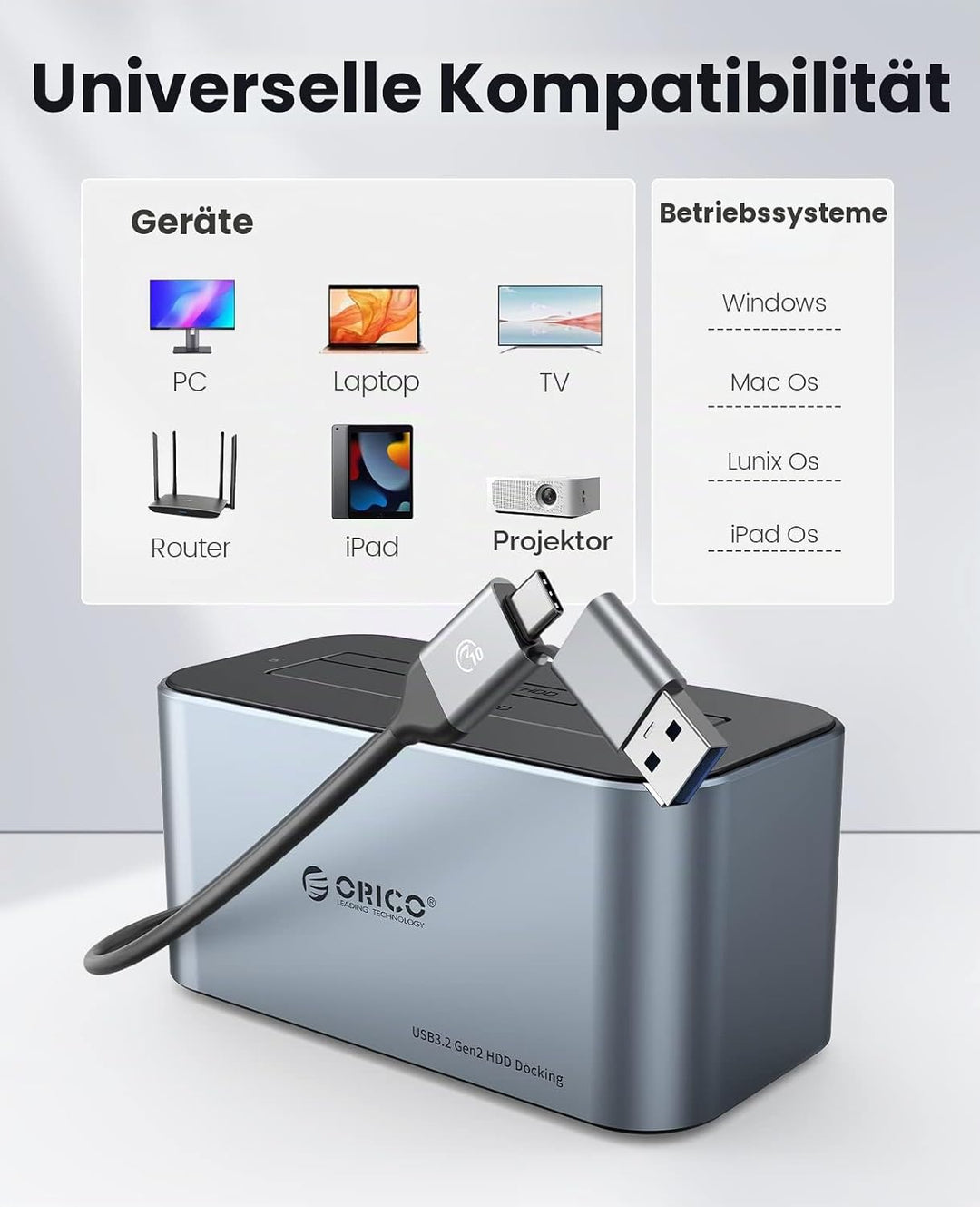 ORICO Aluminium Festplatten Dockingstation, 6Gbps USB 3.2 Gen 2 SSD/HDD Docking Station für SATA 2,5