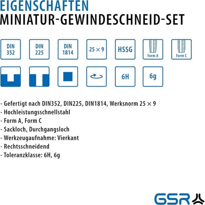 GSR PROFI Miniatur-Gewindeschneidsatz, 30-teilig, metrisch, Geschwindeschneider Set HSS-G, M1-M2,5 G