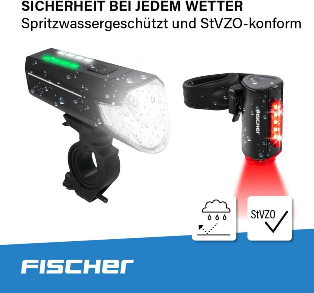 FISCHER Fahrrad-Beleuchtungsset, Front- und Rückleuchte, mit Akku, USB-Ladefunktion und Leuchtfunkti