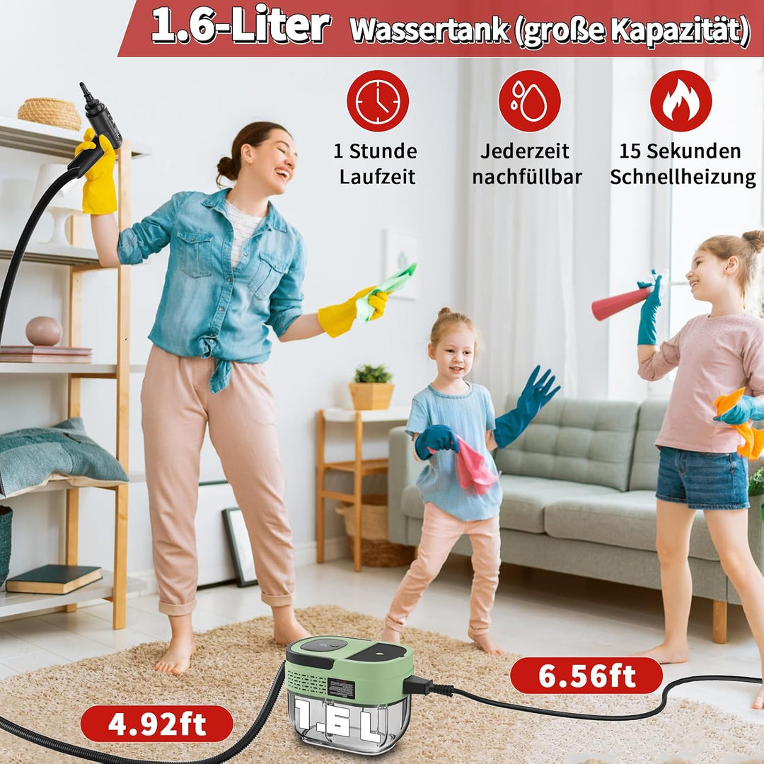 Dampfreiniger Handgerät, 2500W Handdampfreiniger mit 1,6-Liter-Wassertank, 15 Sekunden Aufheizzeit,