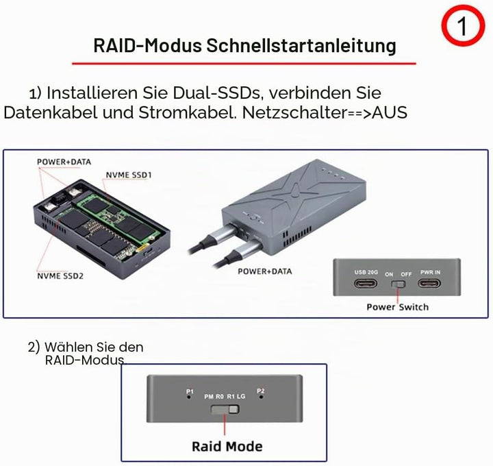 xiwai 20Gbps Dual NVME M.2 NGFF M-Key auf USB-C Typ-C Raid0 Raid1 JOBD Big Enclosure mit Lüfter Raid
