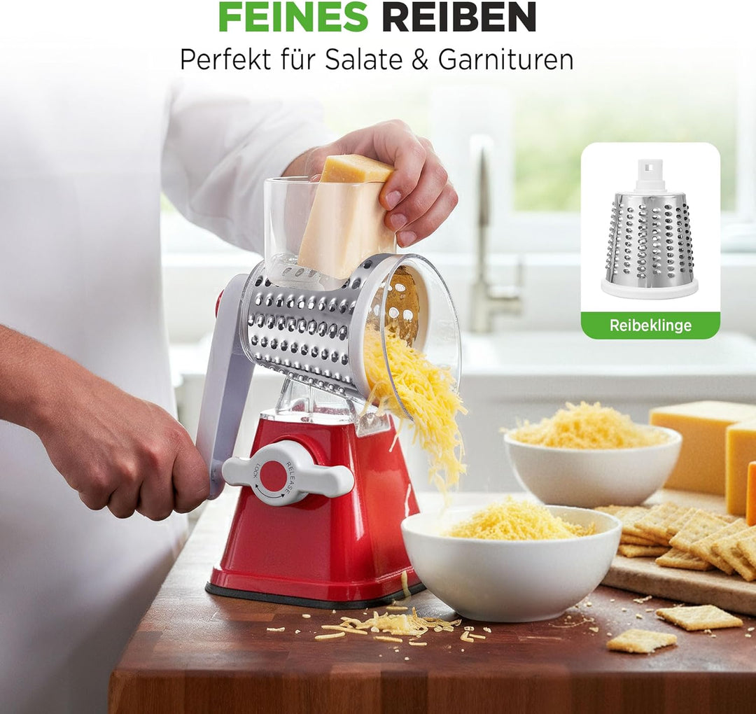 NutriChef 3-in-1 Käsereibe - mit Handkurbel – Kompakte Trommelreibe für Gemüse & Käse – 3 Schneidetr