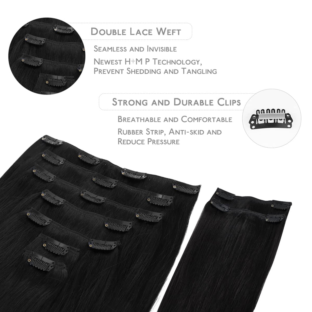 WENNALIFE Clip In Extensions Echthaar, 150g 35cm 9pcs Tief Schwarz Clip In Extensions Hair Extension