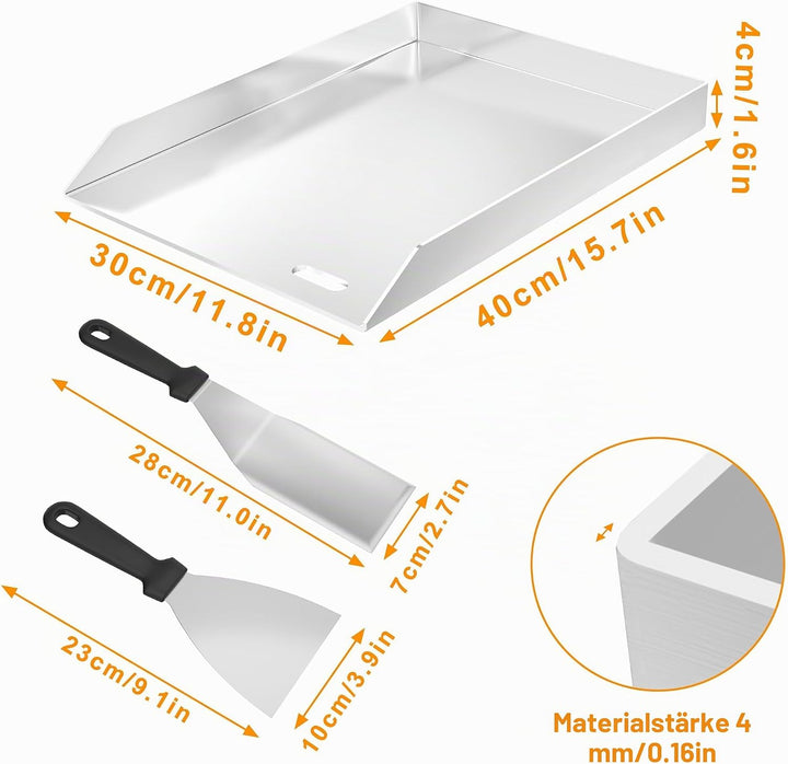 Froadp Edelstahl Grillplatte | 30x40x4cm Universal BBQ Plancha mit Ölrinne | BBQ Plancha für Gas- &amp;