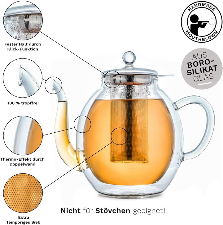 Creano doppelwandige Glas-Teekanne 1,4l mit Edelstahlfilter - tropffrei., 1,4 L