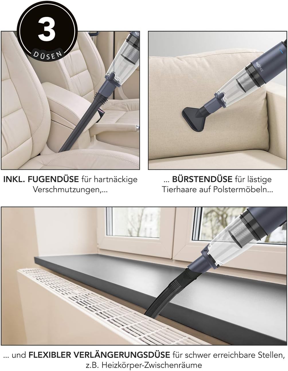 MAXXMEE Akku-Handstaubsauger | Starke Saugkraft Dank BLDC Motor | Mit integriertem HEPA-Filter | Pla