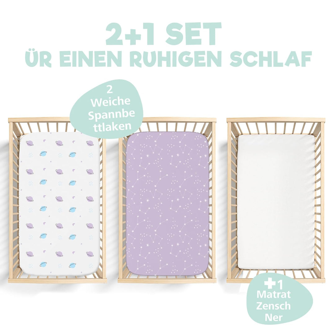2X Spannbettlaken aus 100% Baumwolle mit Gummiband - 1X Matratzenschoner aus 100% wasserdichtem Mate