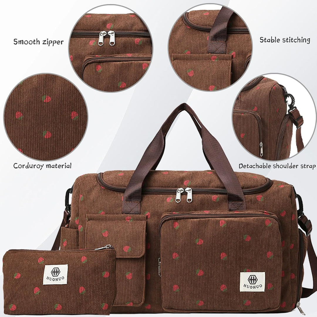 Reisetasche Damen, Sporttasche Damen mit Schuhfach, Nassfach and Kleine Geldbörse, Cord Schwimmtasch