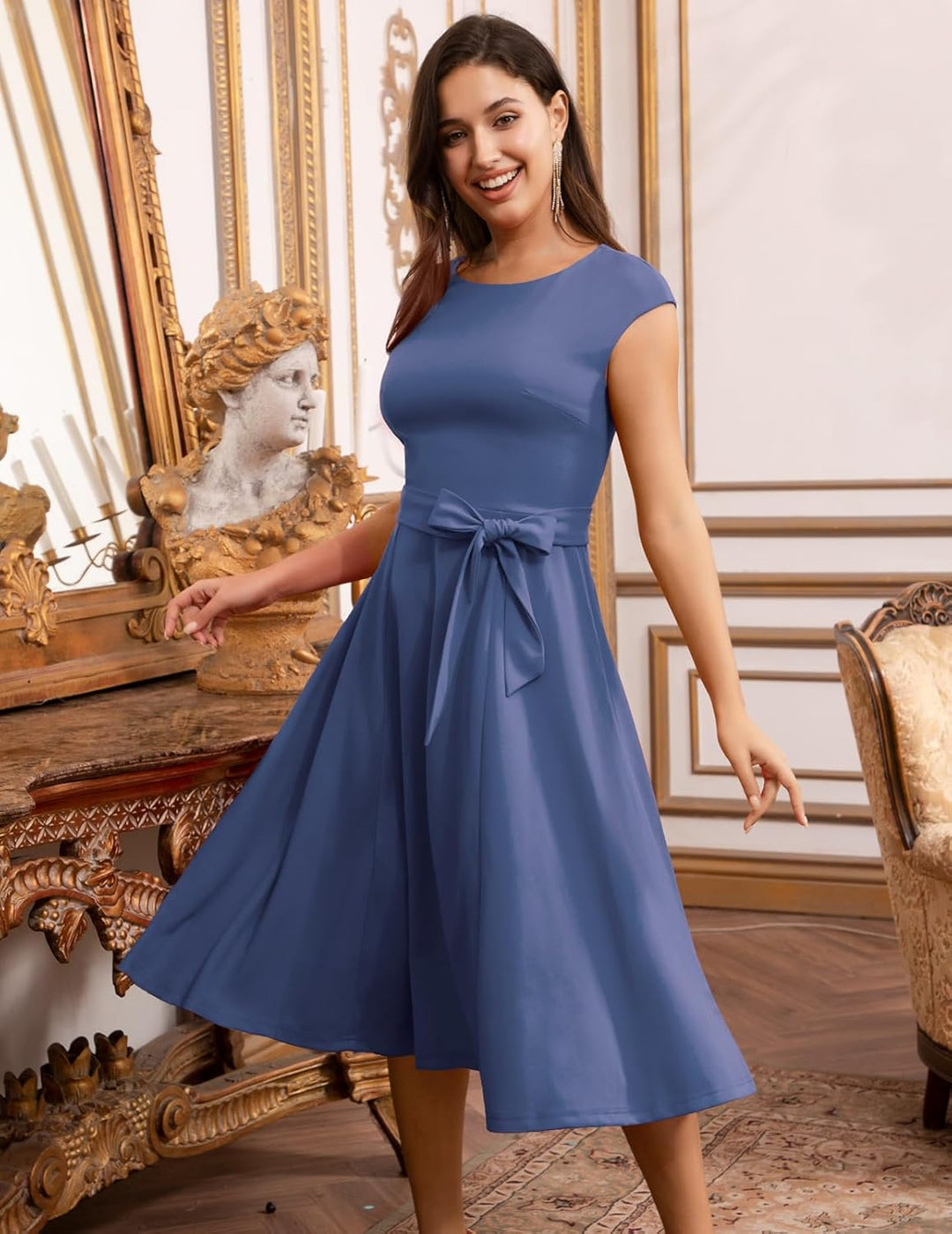 DRESSTELLS Damen Vintage Retro 1950er Cocktaikleid A-Line Swing Festlich Midilang Kleid Greyblue M,