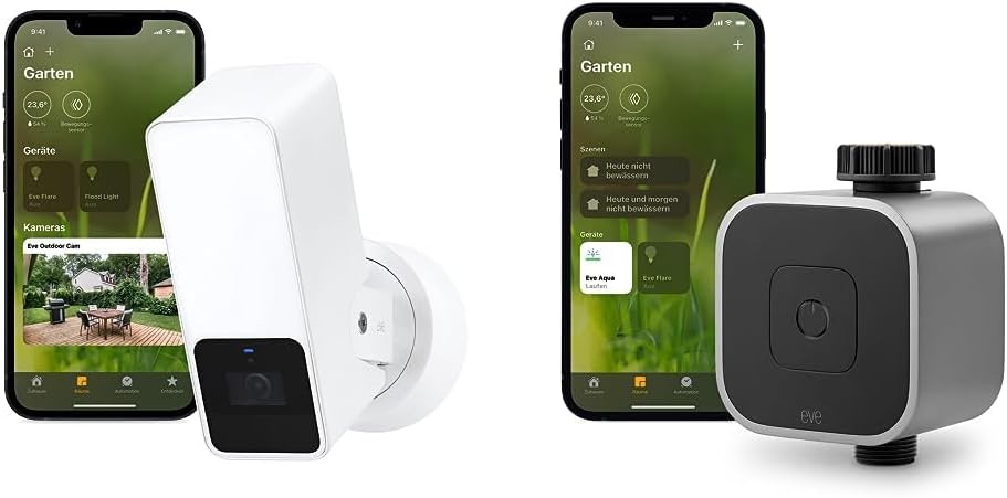 Eve Outdoor Cam (White Edition) – Smarte Überwachungskamera & Aqua – Smarte Bewässerungssteuerung pe