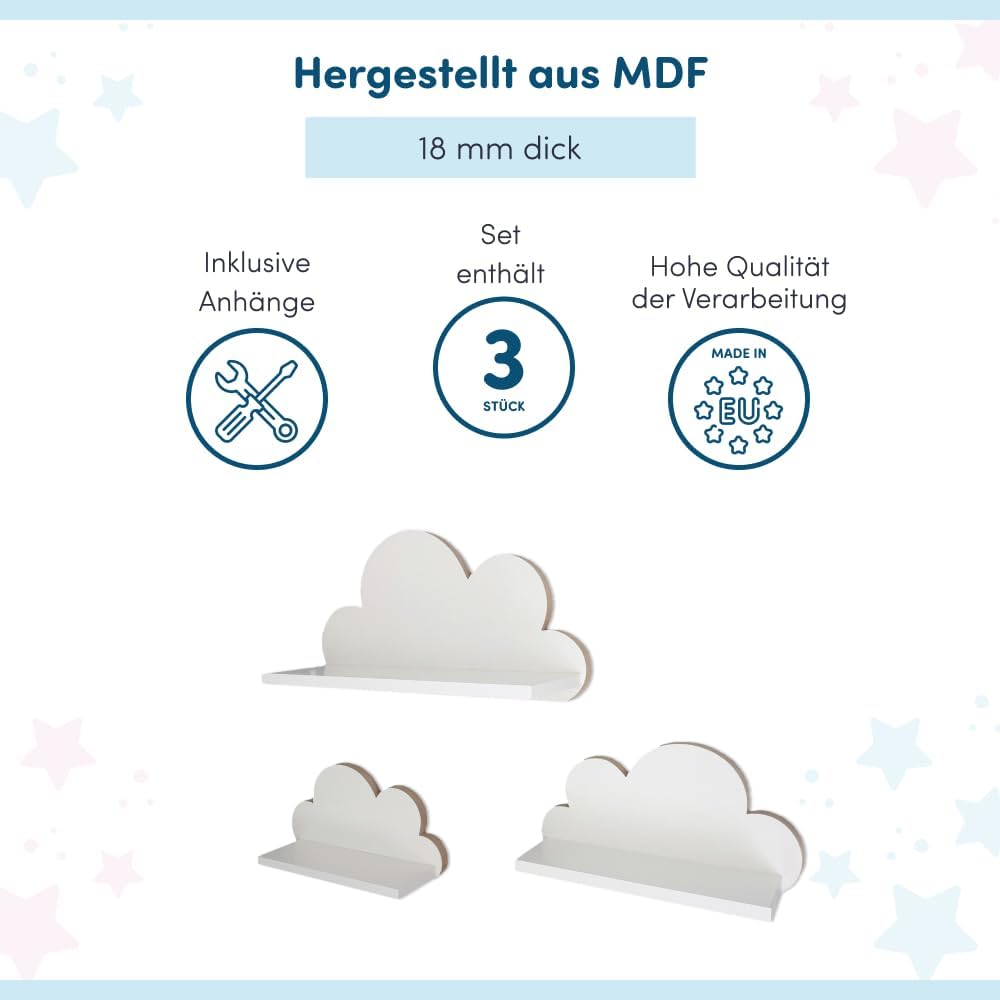 3er Set Wandregal Kinderzimmer Weiss | Babyzimmer Wolkenregal für Bücher, Spielzeug, Dekoration | Re