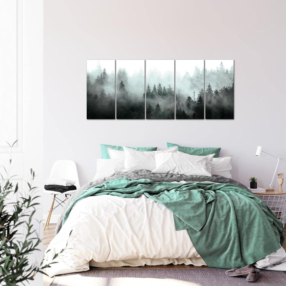 Runa Art Wandbild XXL Wald Natur Wohnzimmer Schlafzimmer 200 x 80 cm Türkis Grau 5 Teilig - Made in