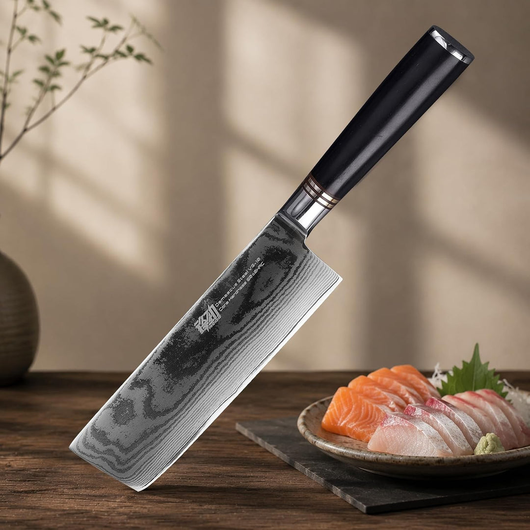 FINDKING Damast Nakiri Messer 17 cm, Ebenholz Griff, Profi Küchenmesser | 67 Lagen Damaststahl, 10Cr