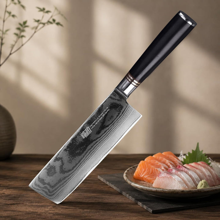 FINDKING Damast Nakiri Messer 17 cm, Ebenholz Griff, Profi Küchenmesser | 67 Lagen Damaststahl, 10Cr