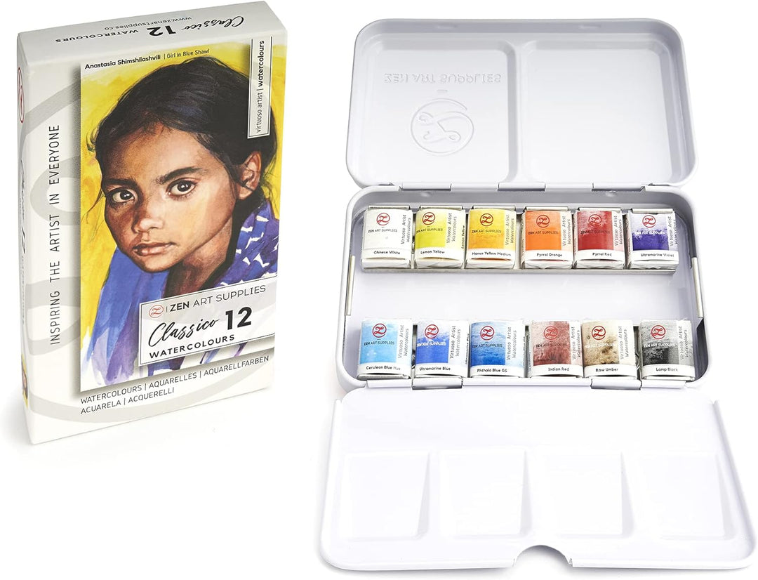 ZenART Professionelles Aquarellfarben-Set Classico – ungiftig, 12 Half-Pan Set in Metalldose – tragb