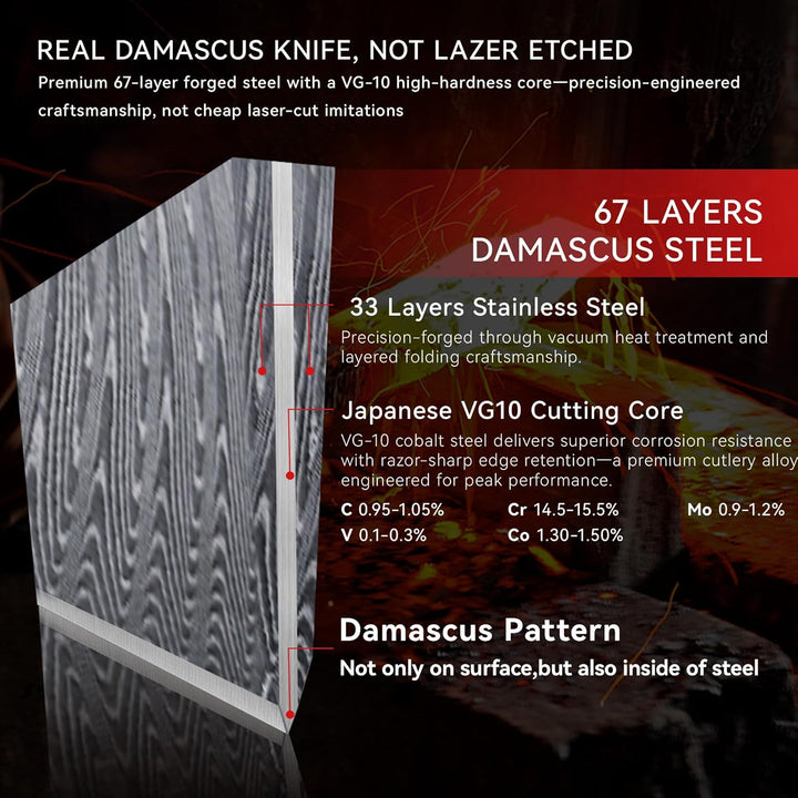 Küchenmesser, Japanisches Damastmesser 67-Lagig VG10 Hochkohlestahl, Ergonomischer Holz-Griff, Gesch