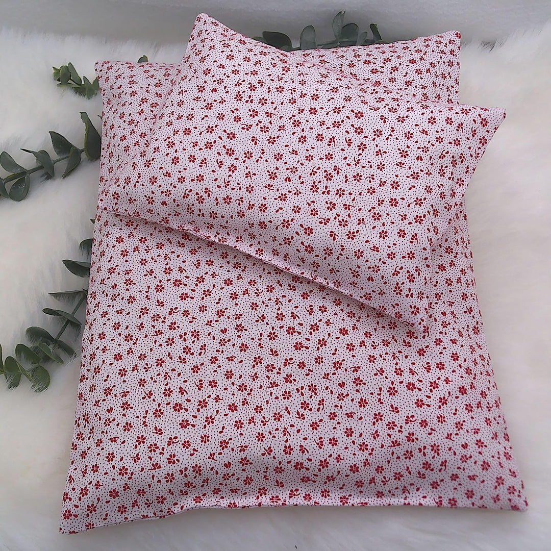 Puppenbettwäsche rot weiss, Herzchen-Design, 3 Variaten, verschiedene Grössen, für Puppenwagen,-bett
