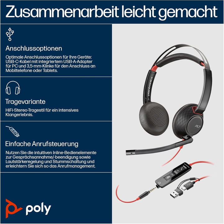 Plantronics Poly Blackwire 5220 Stereo-USB-C-Headset + 3,5-mm-Stecker + USB-C/A-Adapter