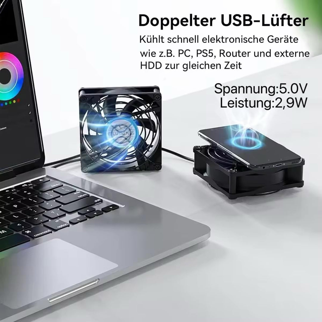 ELUTENG Doppel PC Lüfter USB 80mm mit 3 Geschwindigkeit Einstellbar 8cm Computer Lüfter USB 2 in 1 M