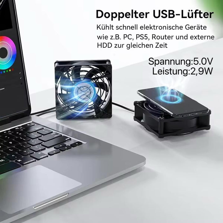 ELUTENG Doppel PC Lüfter USB 80mm mit 3 Geschwindigkeit Einstellbar 8cm Computer Lüfter USB 2 in 1 M