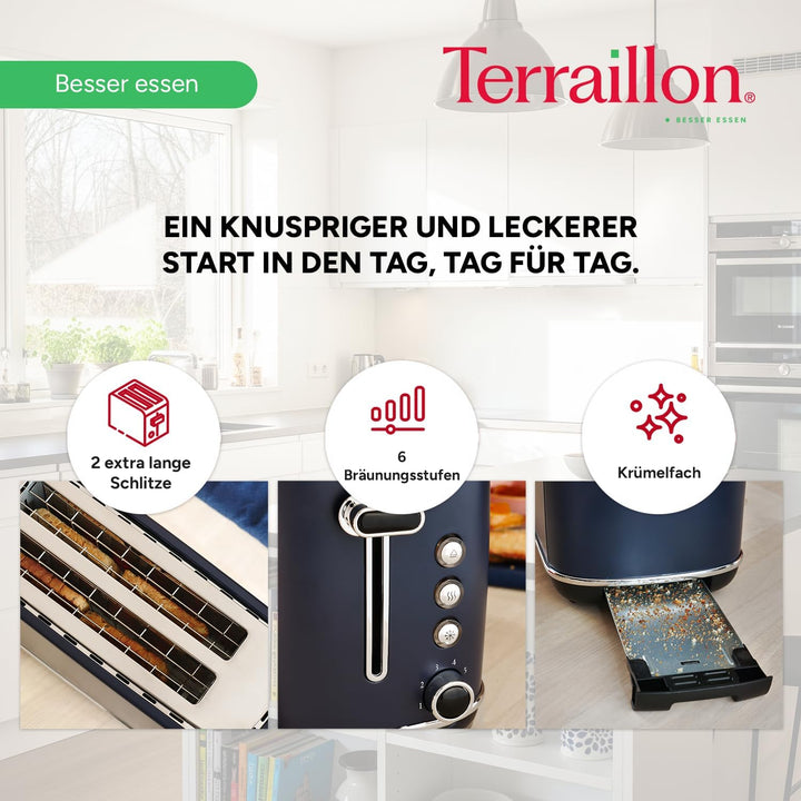 TERRAILLON New Moon langer Toaster, 2 extra grosse Schlitze, 6 Leistungsstufen (1550 W) – Auftauen,